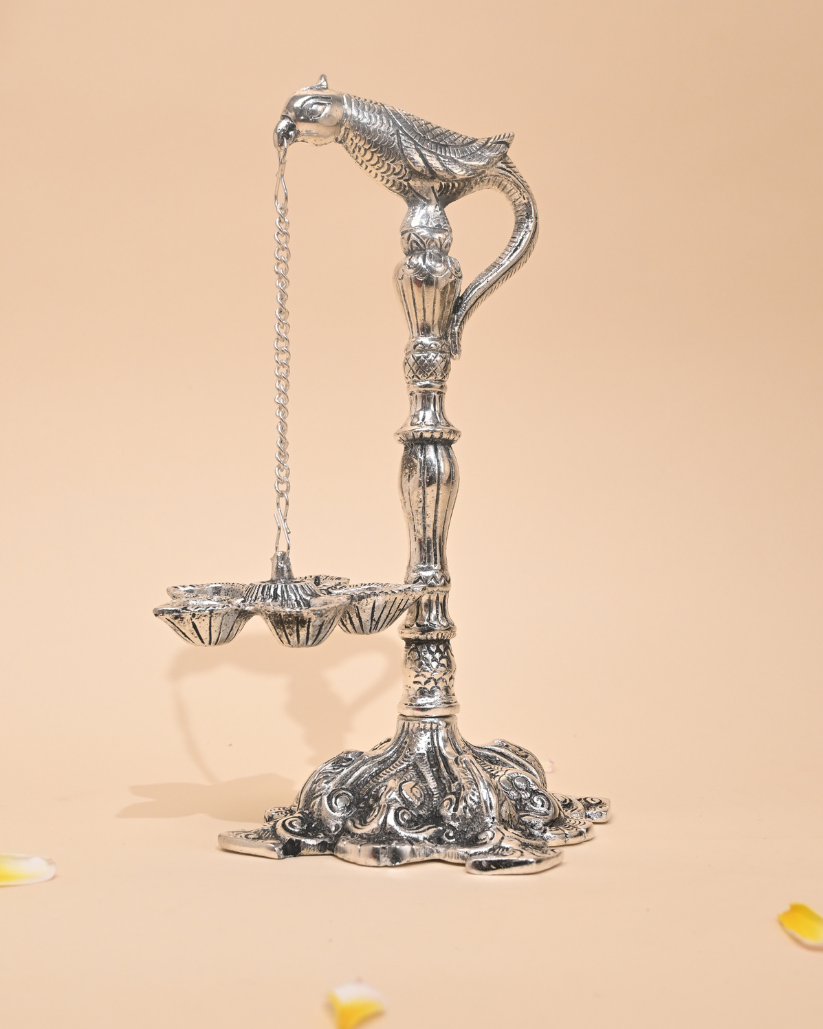 German Silver Parrot Holding Diya Stand – Traditional Pooja & Home Décor