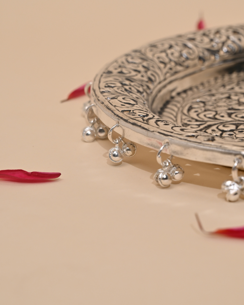 German Silver Pooja Thali with Colorful Tassels – A Perfect Blend of Tradition & Elegance