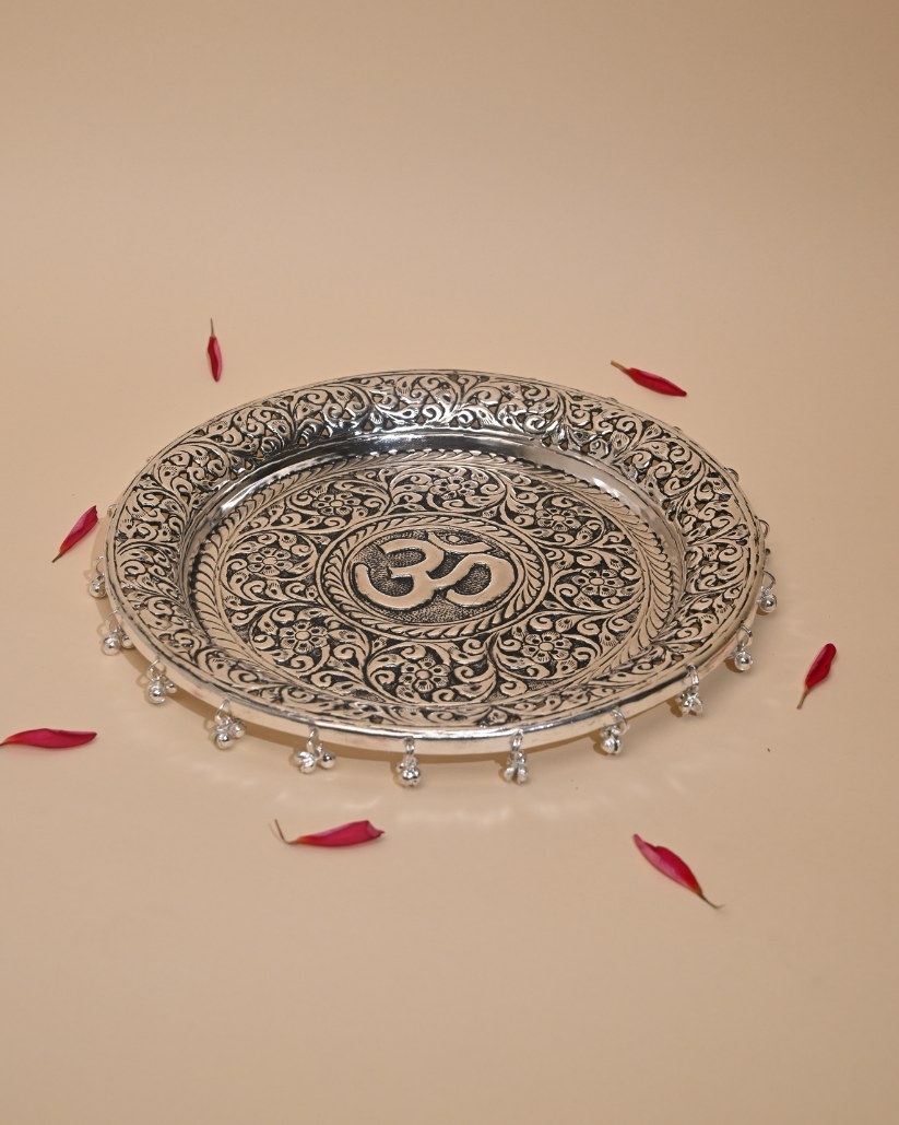 German Silver Pooja Thali with Colorful Tassels – A Perfect Blend of Tradition & Elegance