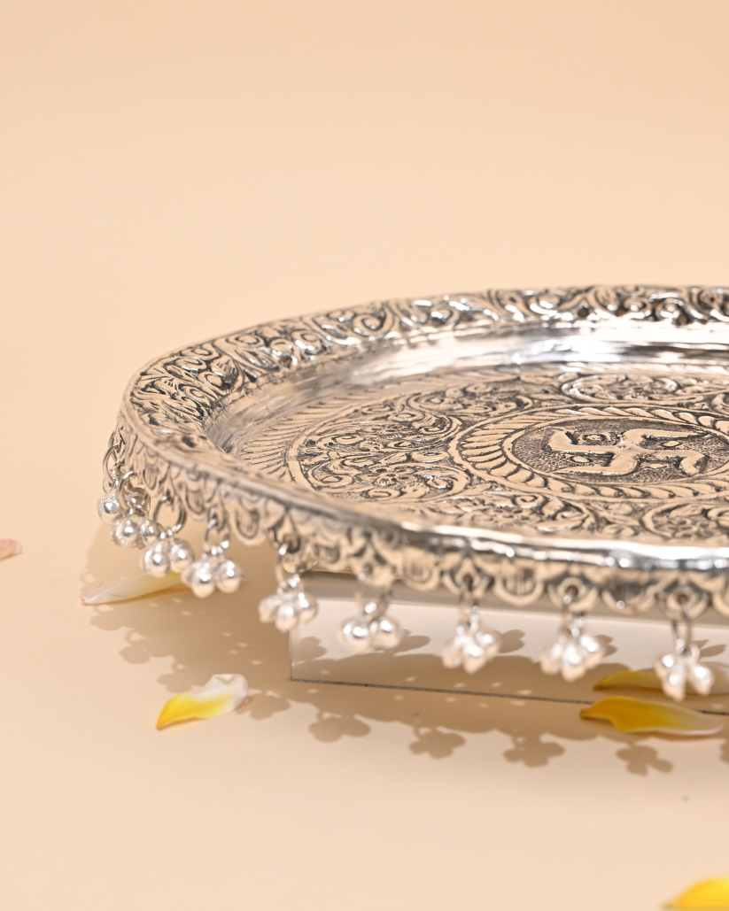 German Silver Pooja Thali with Colorful Tassels – A Perfect Blend of Tradition & Elegance