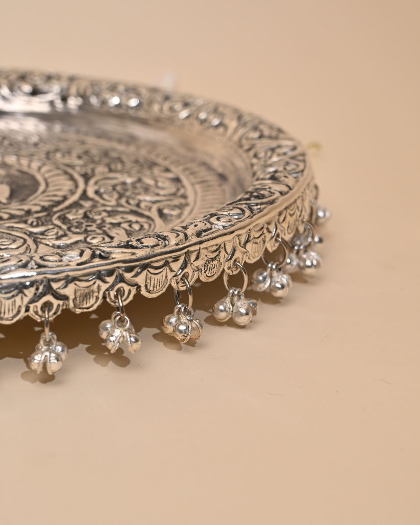 German Silver Pooja Thali with Colorful Tassels – A Perfect Blend of Tradition & Elegance
