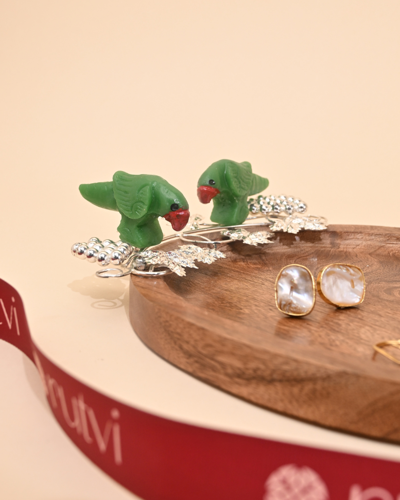 Silver-Plated Brass & Wood Plate with Parrot Motif – Luxury Pooja & Home Décor