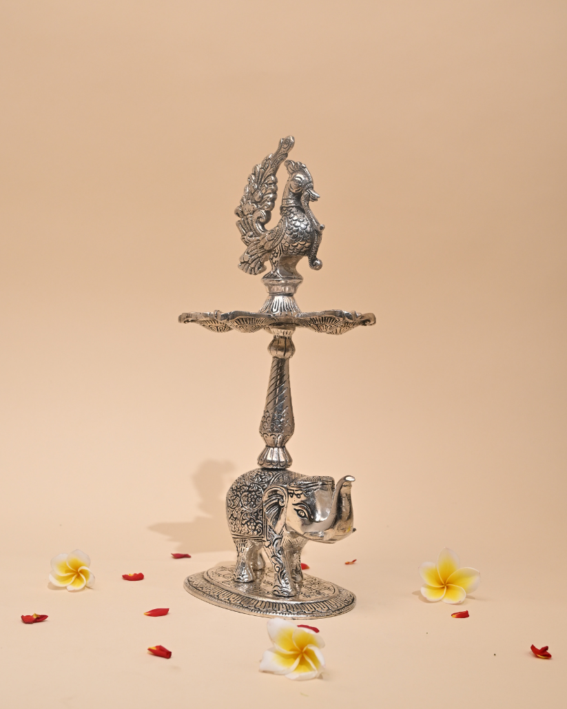 Mangalachari Elephant Samayi with Plate – German Silver Diya & Oil Lamp for Pooja