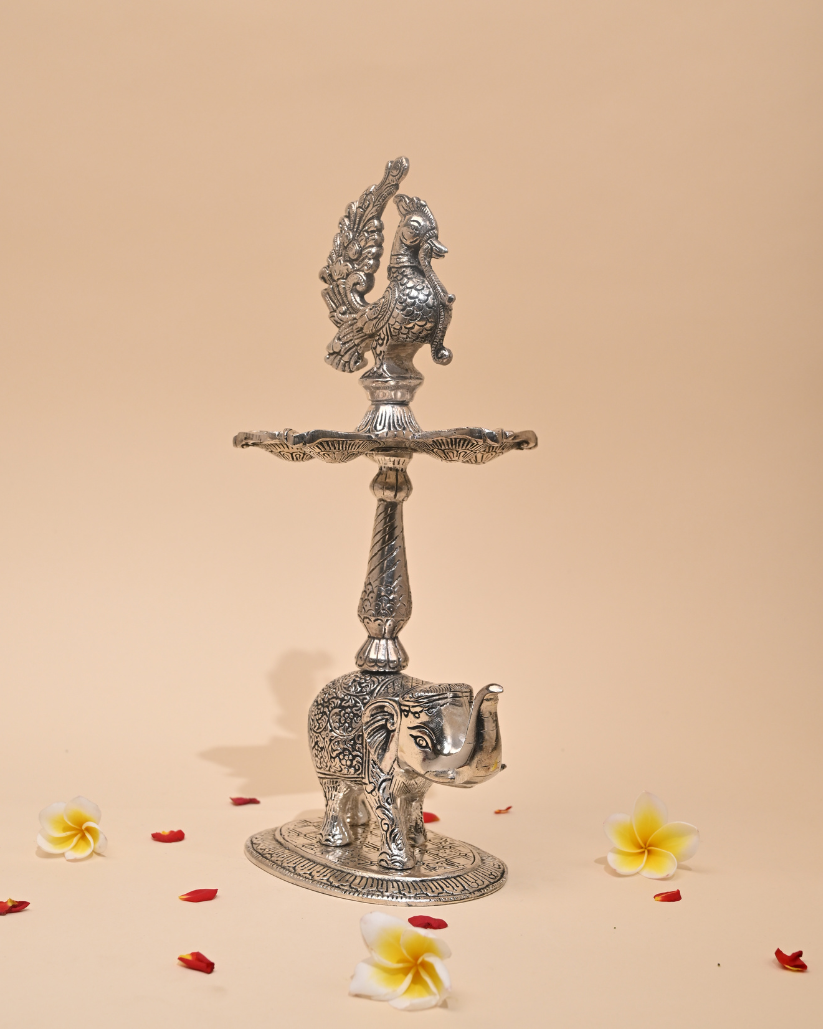 Mangalachari Elephant Samayi with Plate – German Silver Diya & Oil Lamp for Pooja