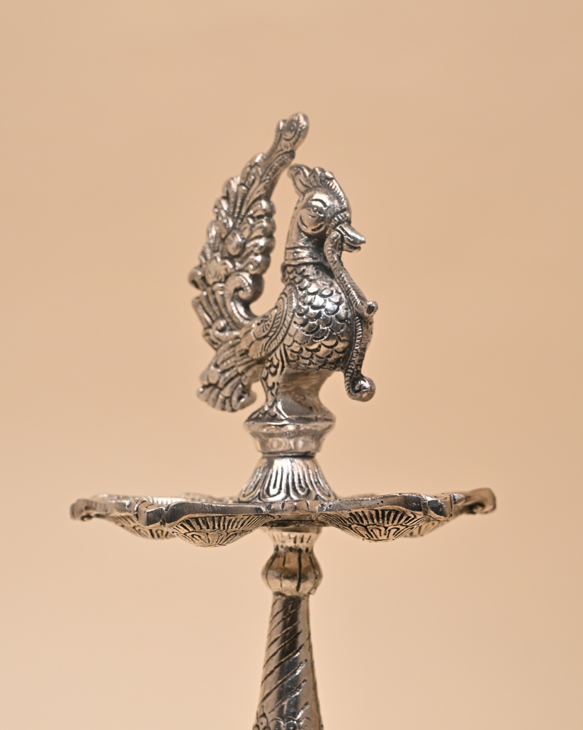 Mangalachari Elephant Samayi with Plate – German Silver Diya & Oil Lamp for Pooja
