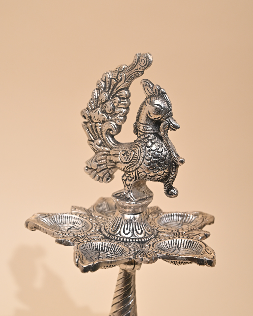 Mangalachari Elephant Samayi with Plate – German Silver Diya & Oil Lamp for Pooja