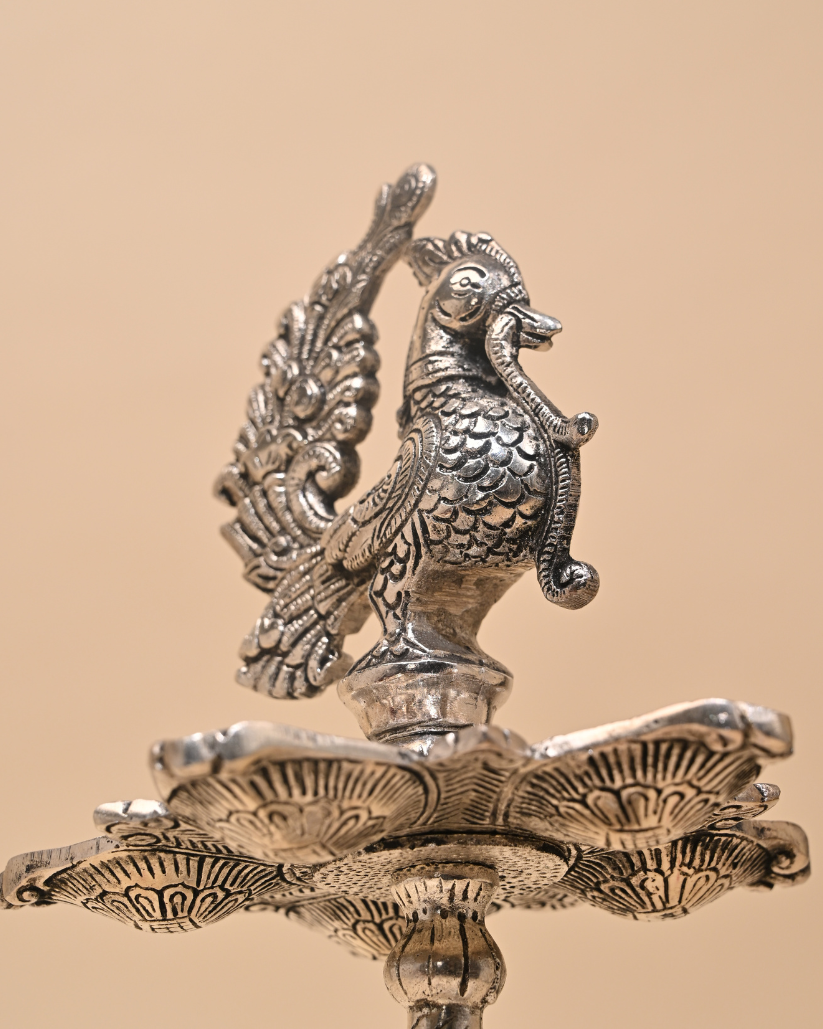 Mangalachari Elephant Samayi with Plate – German Silver Diya & Oil Lamp for Pooja