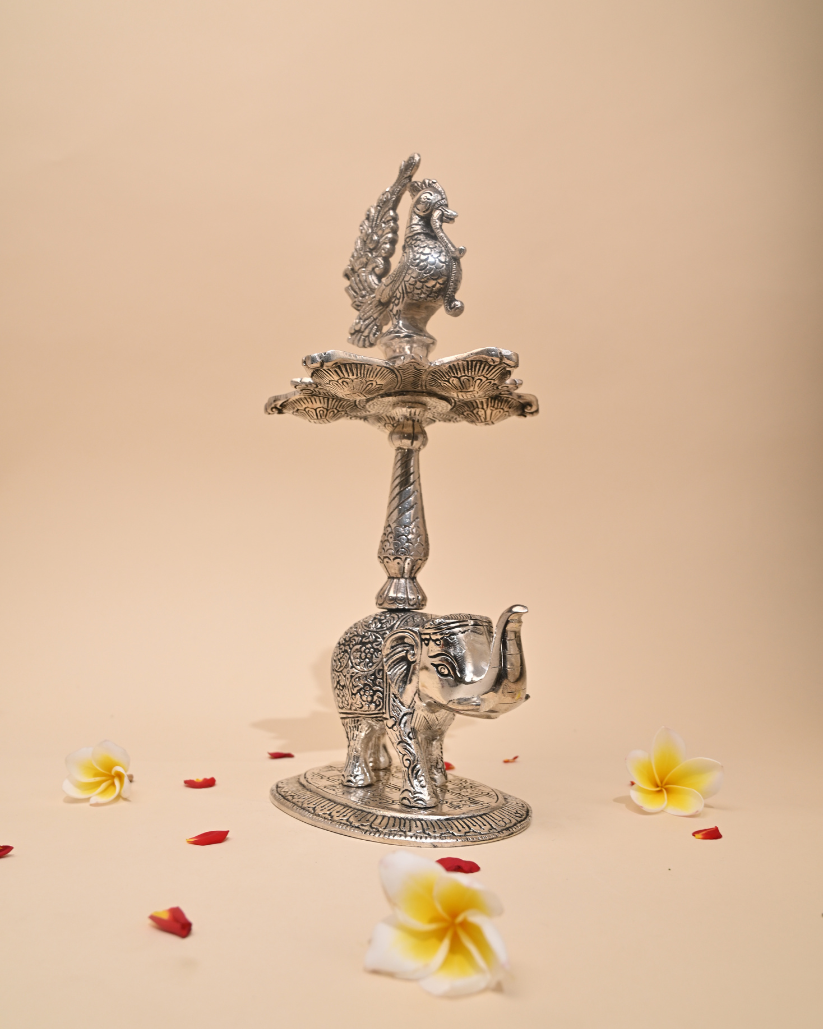 Mangalachari Elephant Samayi with Plate – German Silver Diya & Oil Lamp for Pooja