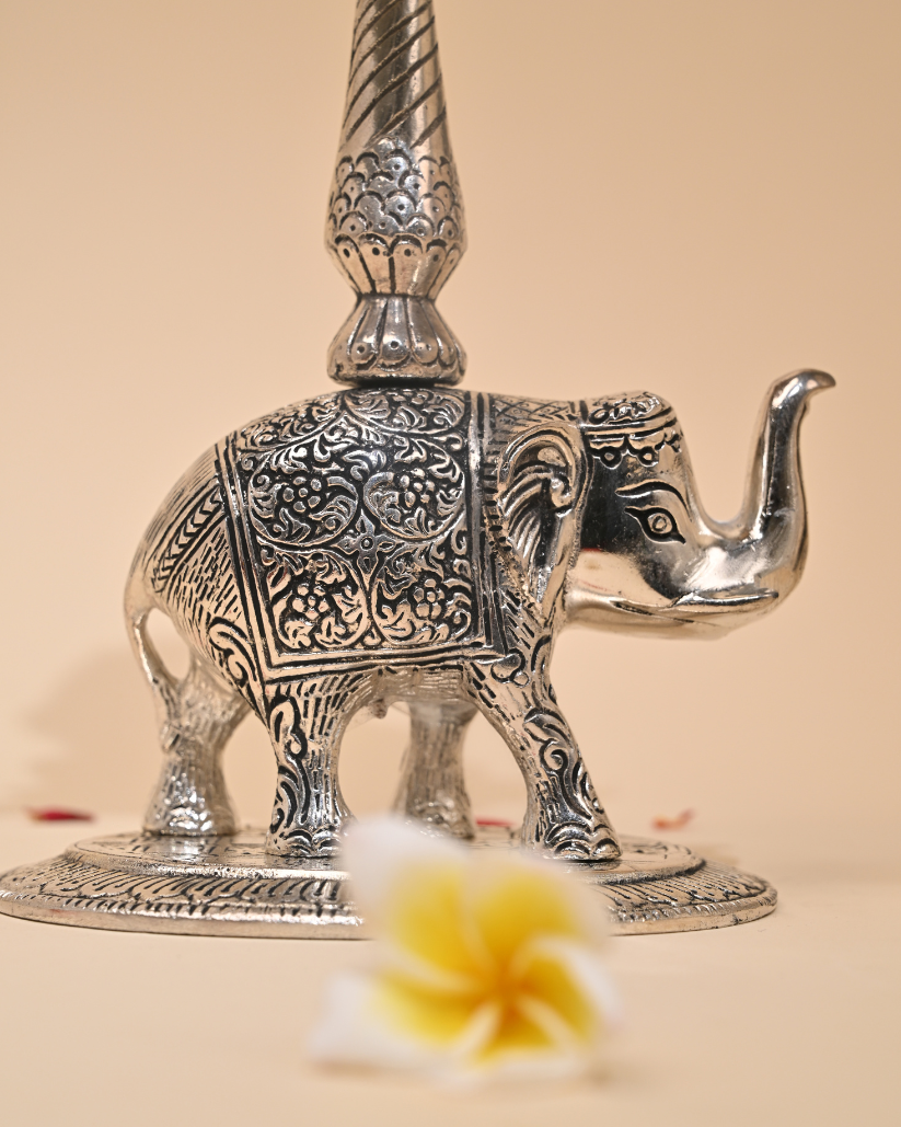 Mangalachari Elephant Samayi with Plate – German Silver Diya & Oil Lamp for Pooja