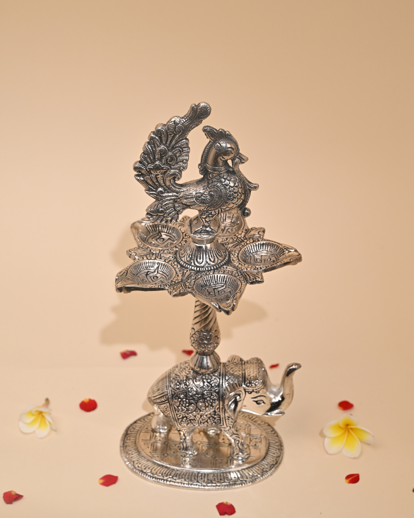 Mangalachari Elephant Samayi with Plate – German Silver Diya & Oil Lamp for Pooja