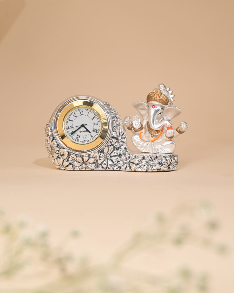Silver-Plated Ganesh Idol with Clock – Car Dashboard, Home & Temple Décor