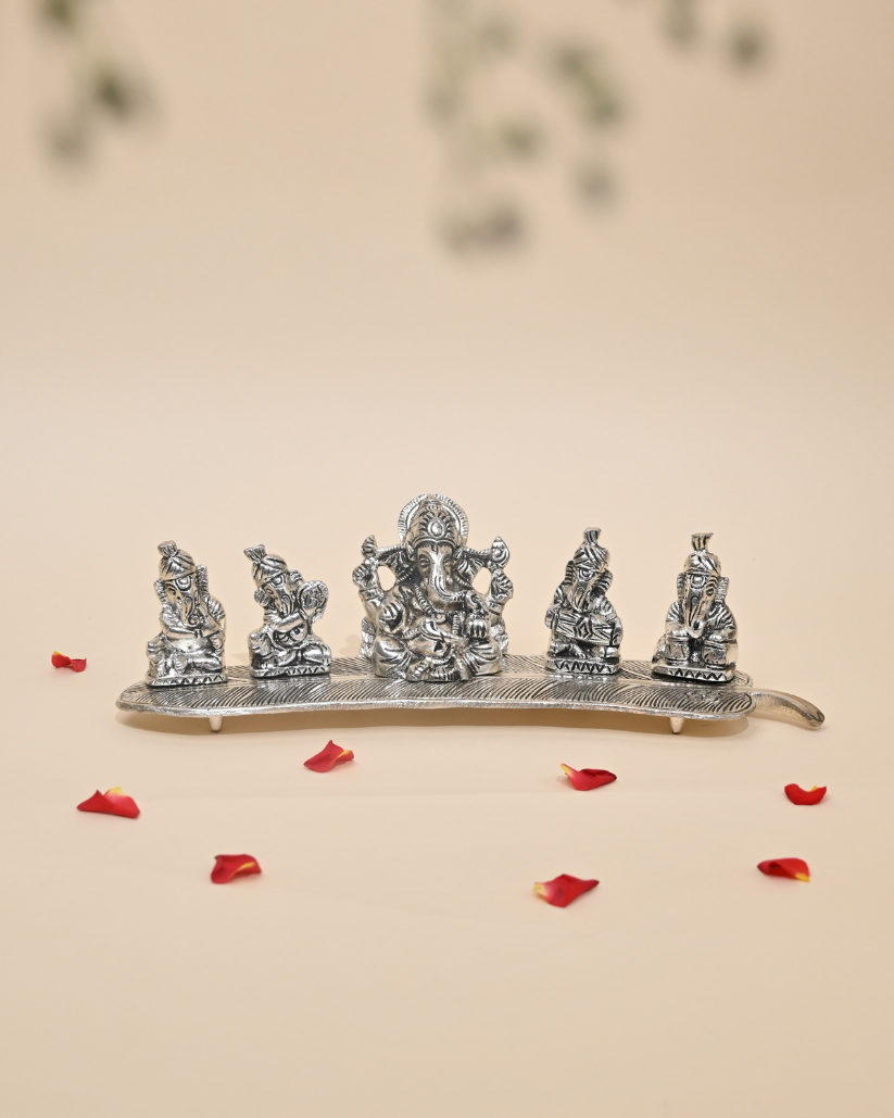 Handcrafted German Silver Musical Ganesha Set on Banana Leaf