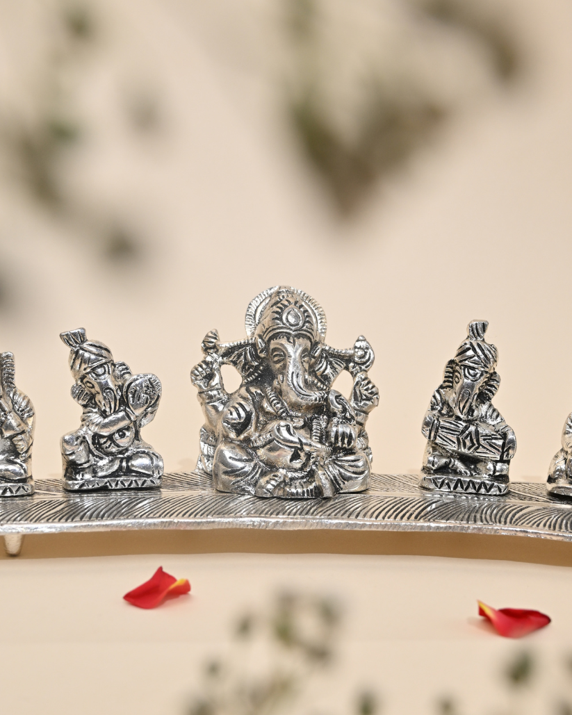 Handcrafted German Silver Musical Ganesha Set on Banana Leaf