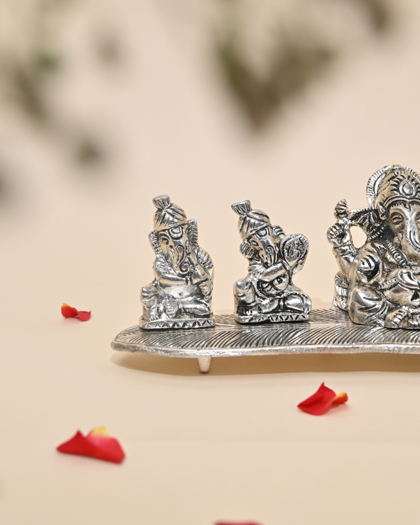 Handcrafted German Silver Musical Ganesha Set on Banana Leaf