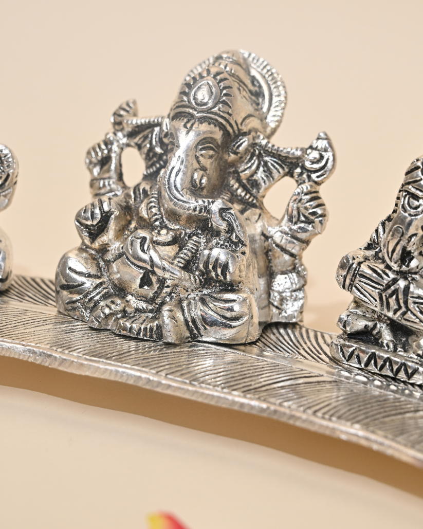 Handcrafted German Silver Musical Ganesha Set on Banana Leaf