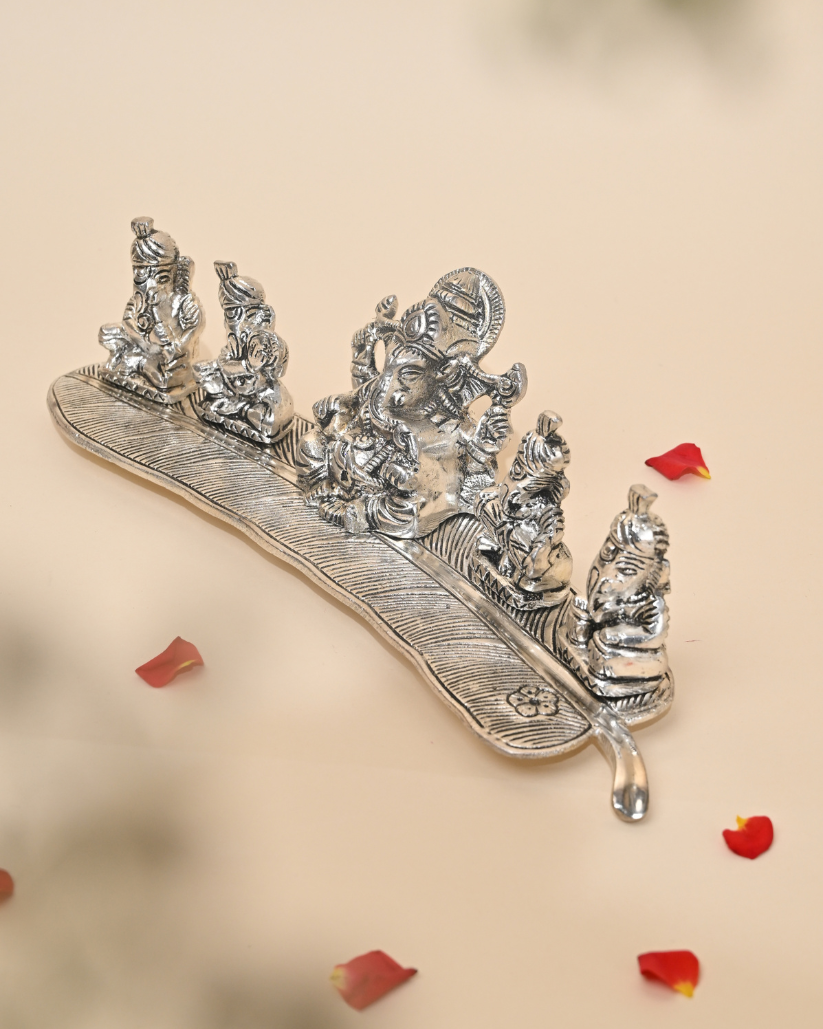 Handcrafted German Silver Musical Ganesha Set on Banana Leaf