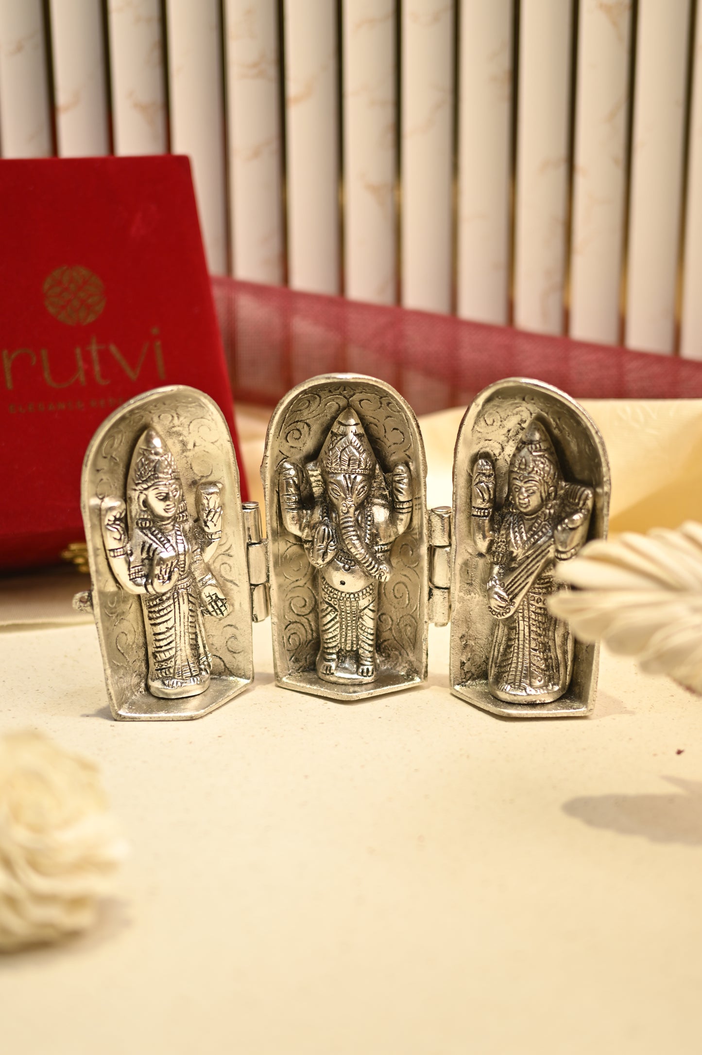 Divine Silver Plated Ganesh, Lakshmi & Saraswati Idol