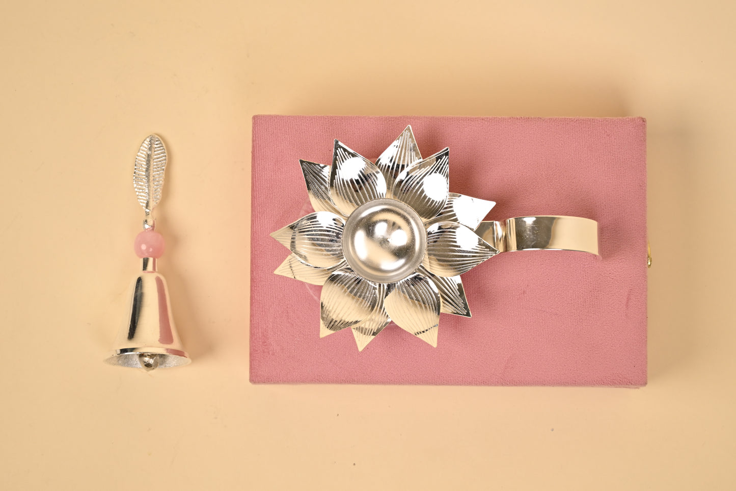 Lotus Diya and Bell Set in German Silver – Handcrafted Pooja Essentials for Auspicious Rituals