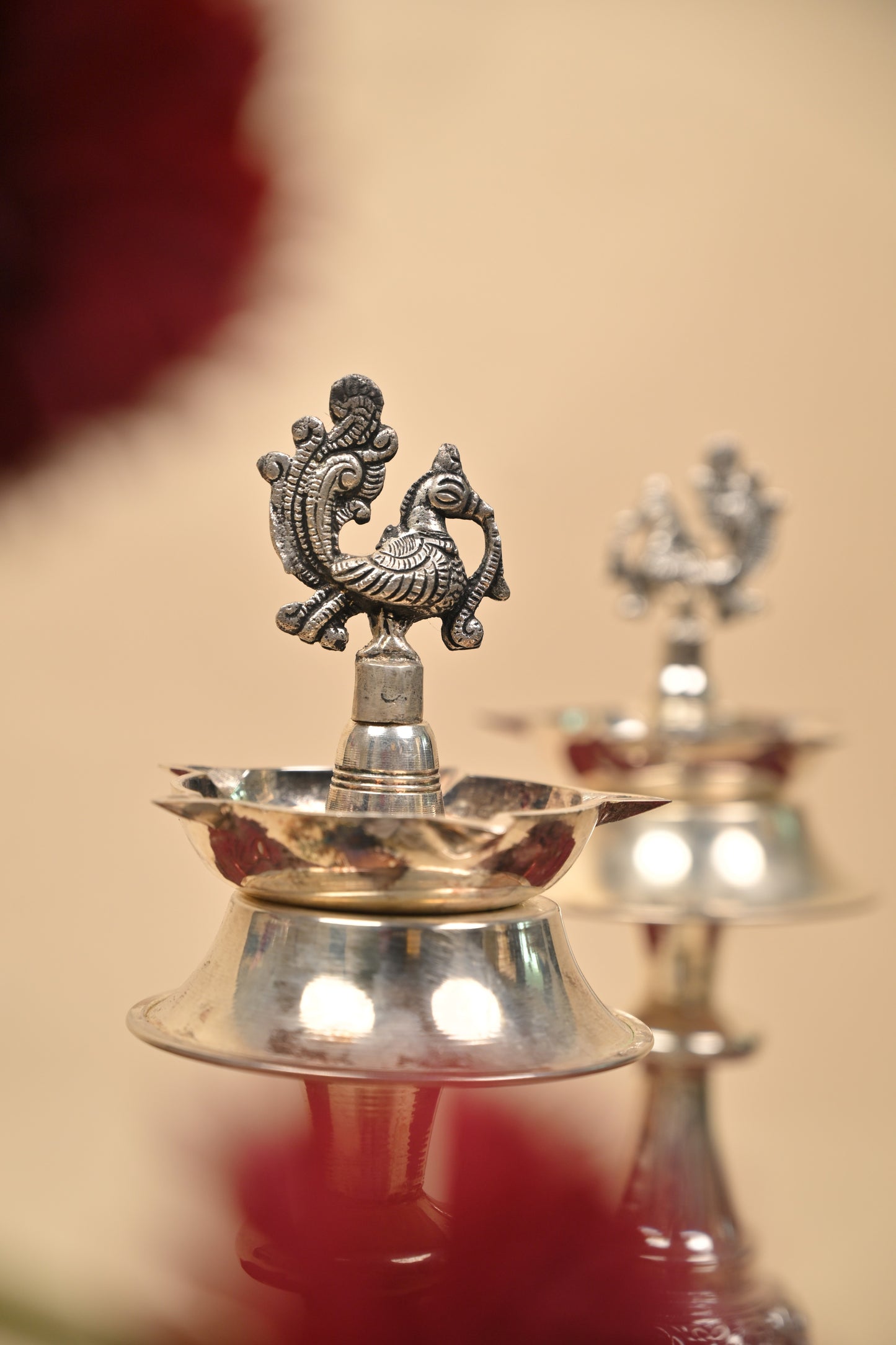 German Silver Peacock Head Lighting Lamp with Antique Body – Handcrafted Traditional Deepam for Pooja Décor