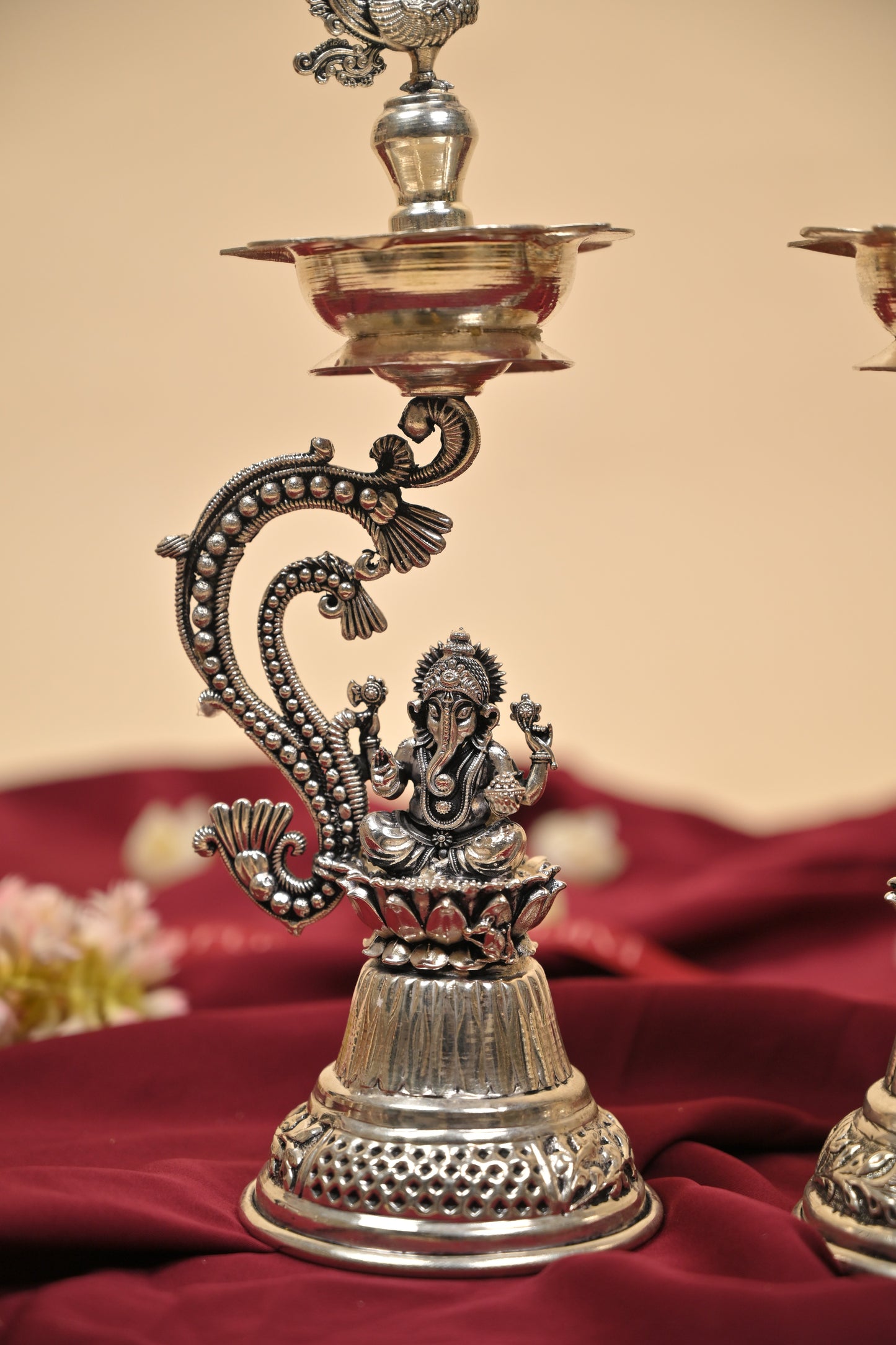 German Silver Lakshmi Ganesh Lamp – Handcrafted Traditional Deepam for Pooja & Festive Décor