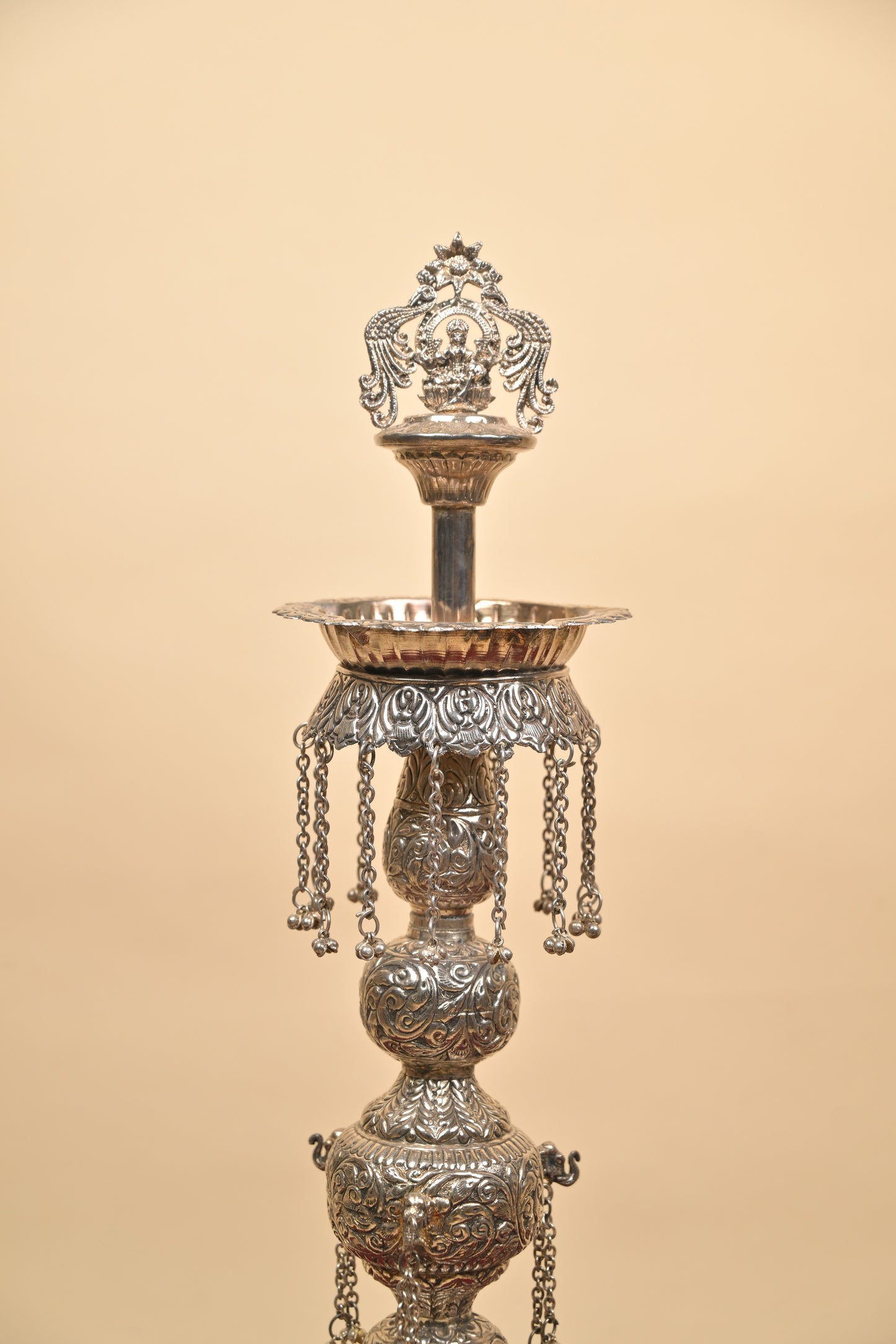 German Silver Tall Traditional Lighting Lamp – Decorative Pooja Oil Lamp for Home & Temple