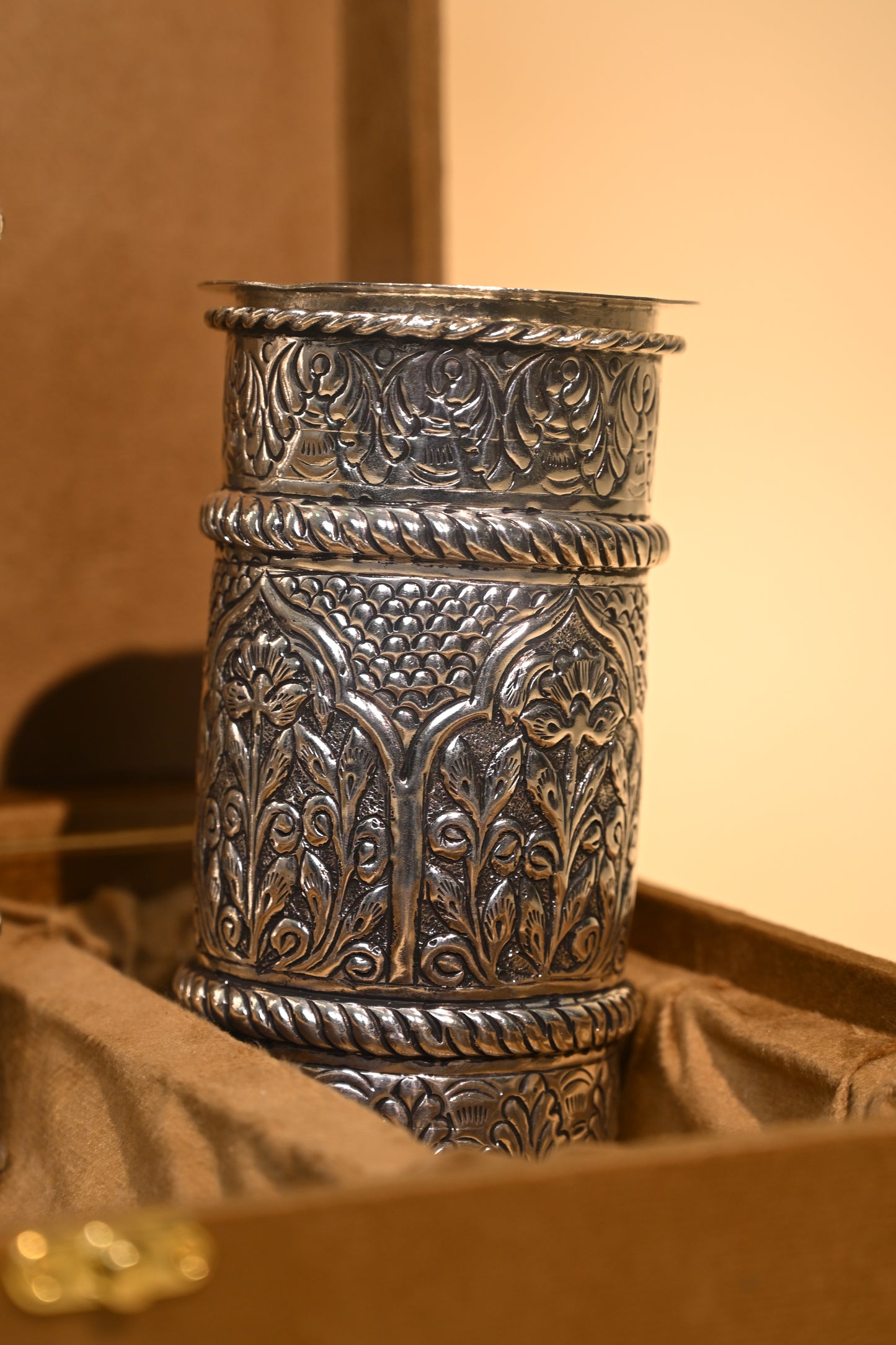 Handcrafted German Silver Cylindrical Container Set with Box – Elegant Storage for Pooja & Gifting