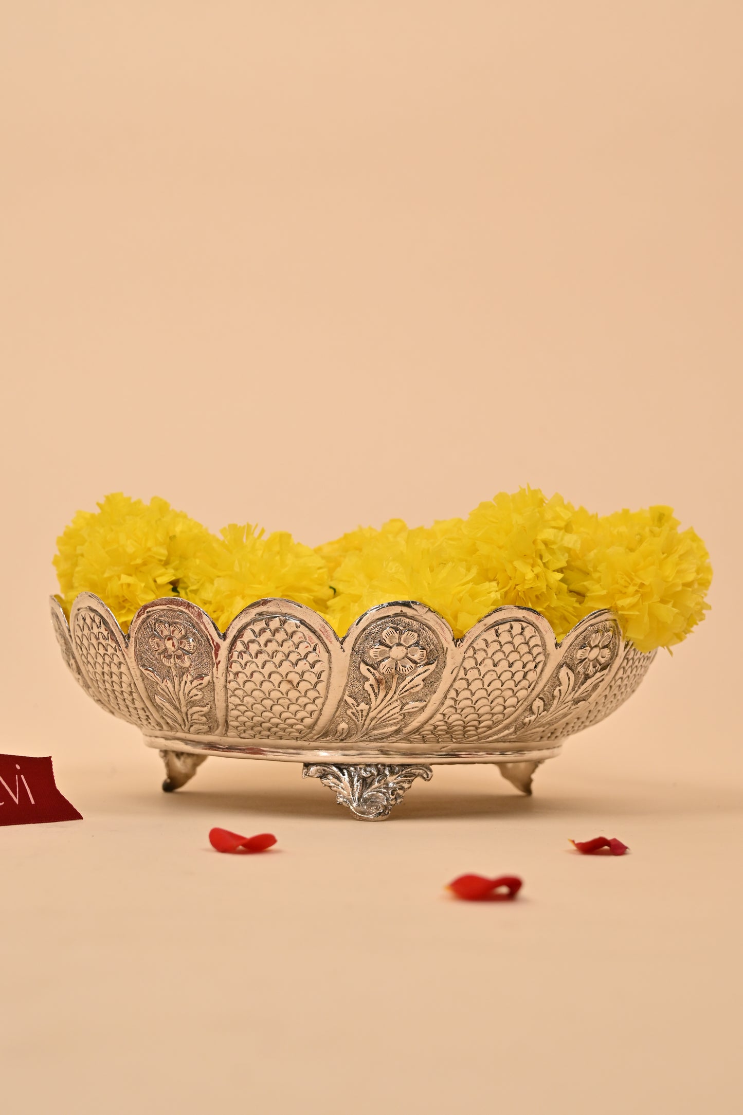 German Silver Floral Engraved Bowl on Stand – Elegant Decorative & Pooja Accessory