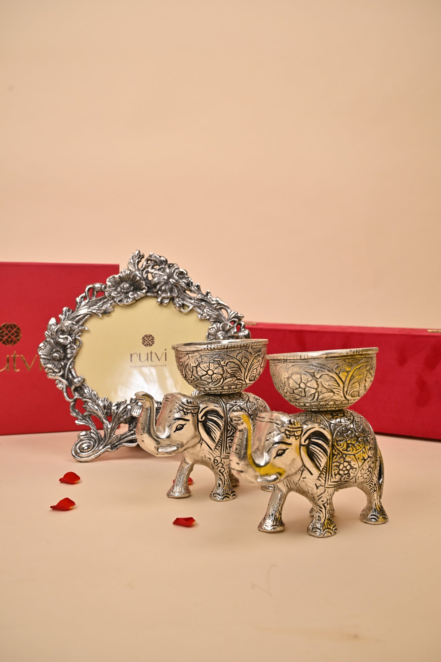 German Silver Elephant Bowl Set with Ornate Photo Frame – Exquisite Home Décor & Gifting