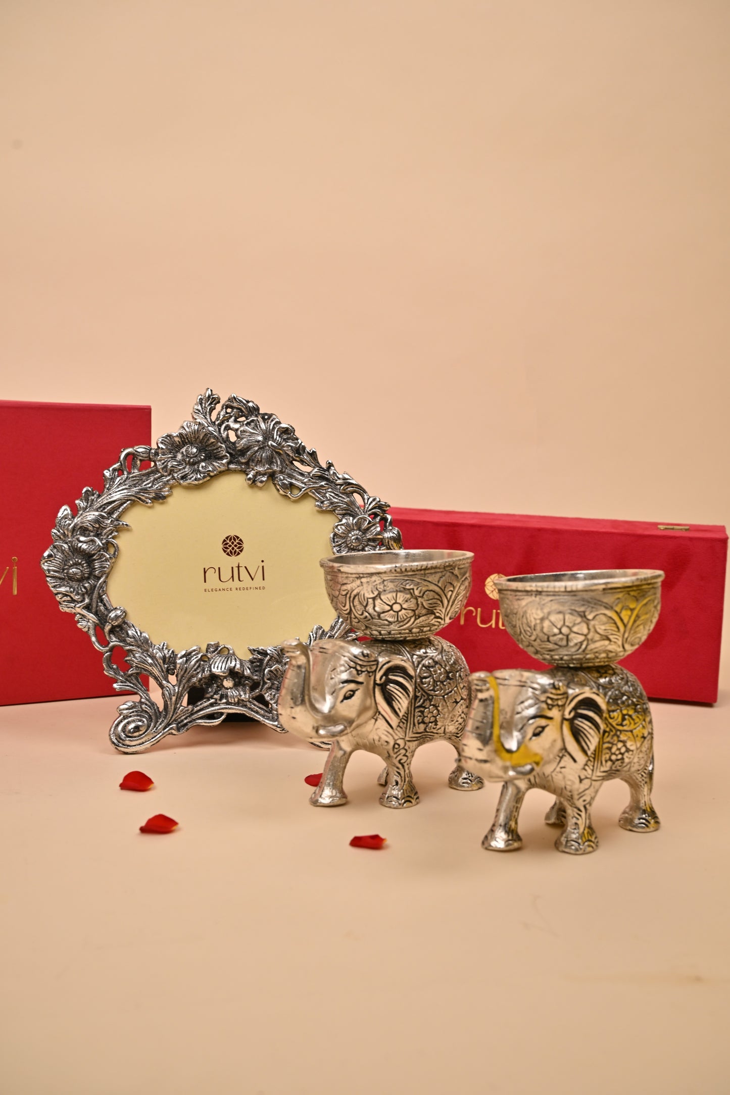 German Silver Elephant Bowl Set with Ornate Photo Frame – Exquisite Home Décor & Gifting