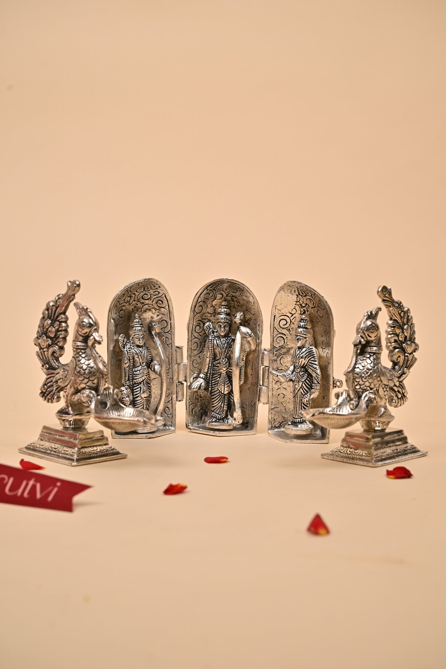 German Silver Ram Darbar with Peacock Diyas – Exquisite Temple & Festive Gift