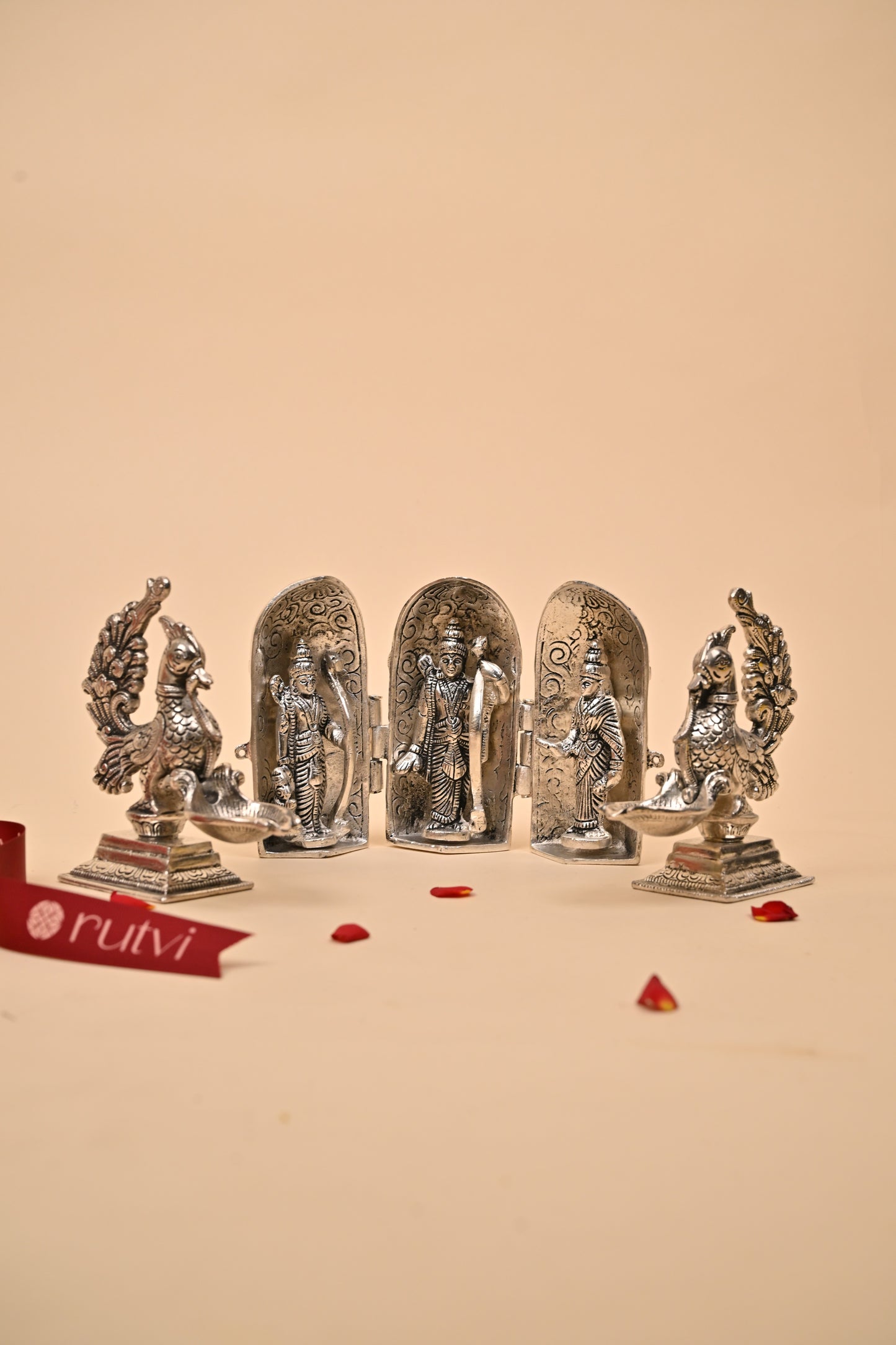 German Silver Ram Darbar with Peacock Diyas – Exquisite Temple & Festive Gift
