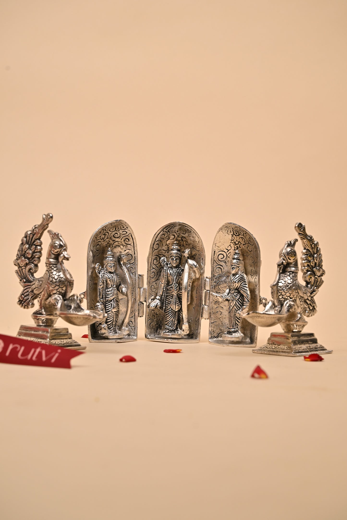 German Silver Ram Darbar with Peacock Diyas – Exquisite Temple & Festive Gift