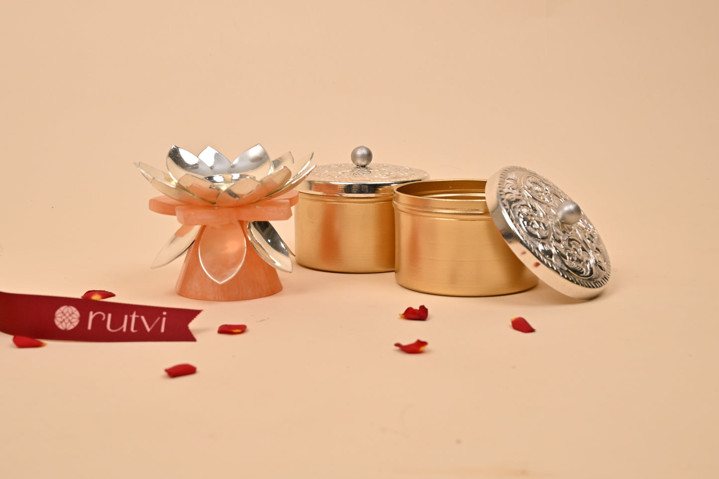 German Silver Lotus Diya with Marble Base – Elegant Diwali Gifting & Pooja Oil Lamp