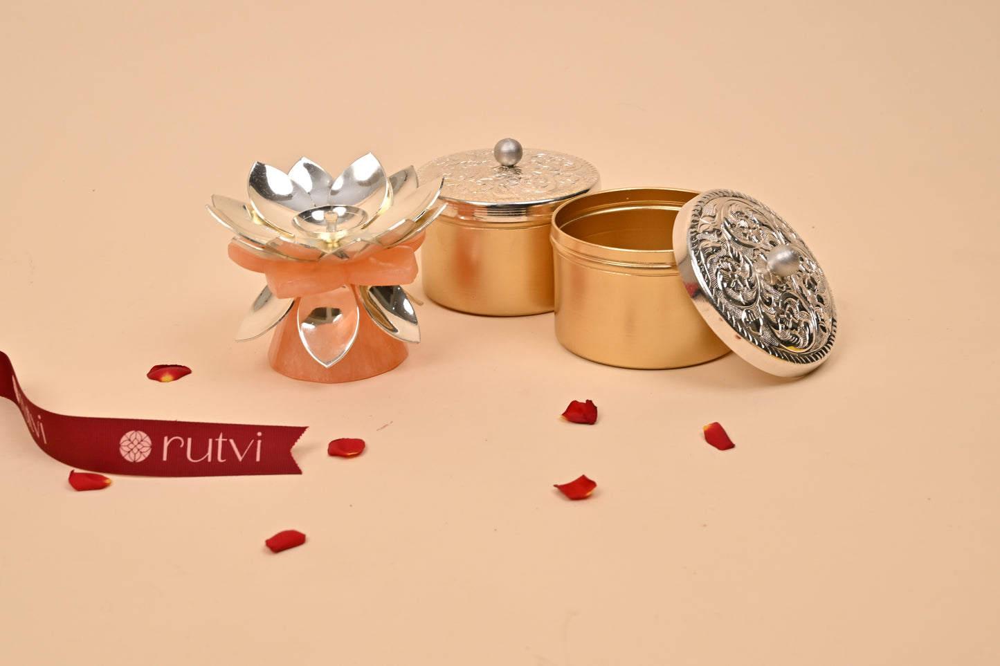 German Silver Lotus Diya with Marble Base – Elegant Diwali Gifting & Pooja Oil Lamp
