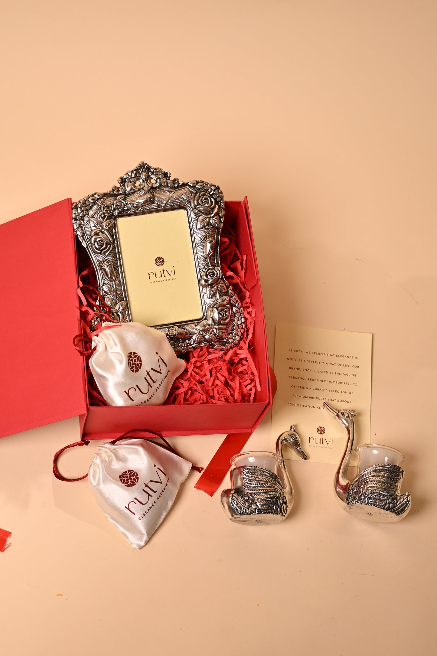 German Silver Swan Tealight Holder with Floral Frame – Elegant Diwali Gifting Set