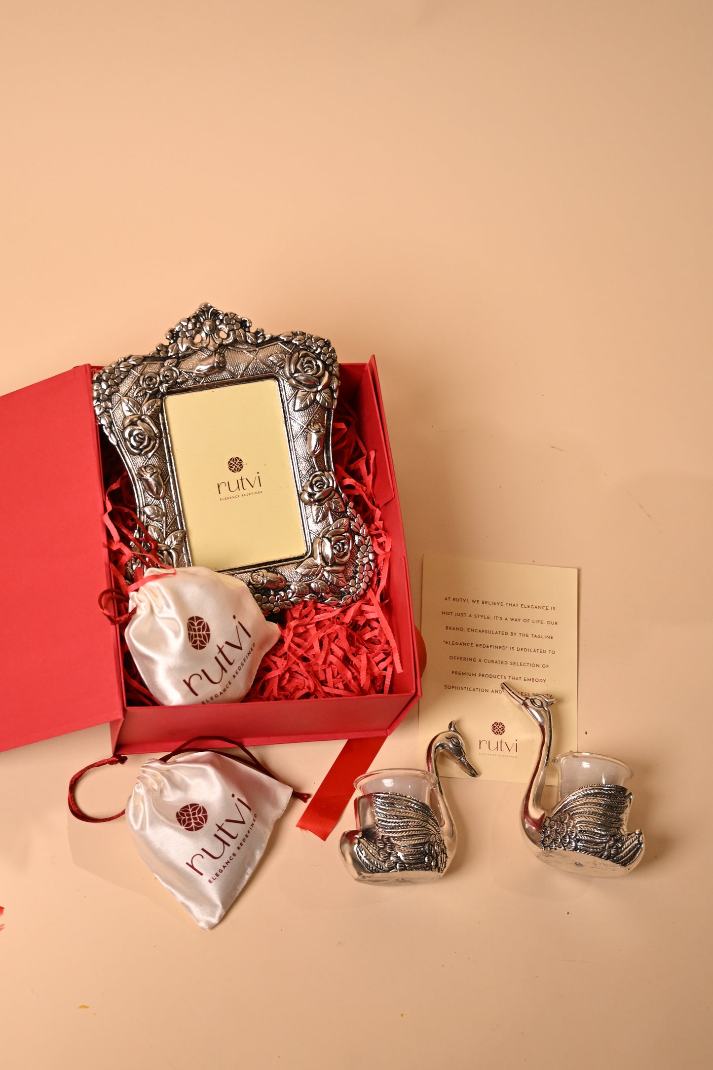 German Silver Swan Tealight Holder with Floral Frame – Elegant Diwali Gifting Set