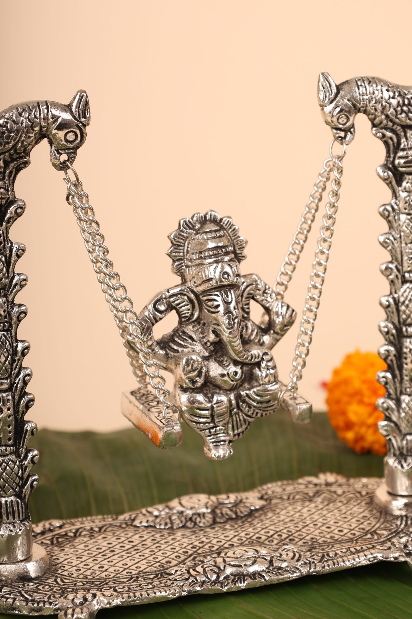 Ganesh with Cradle in German Silver – Handcrafted Bal Ganpati Idol for Pooja & Festive Décor