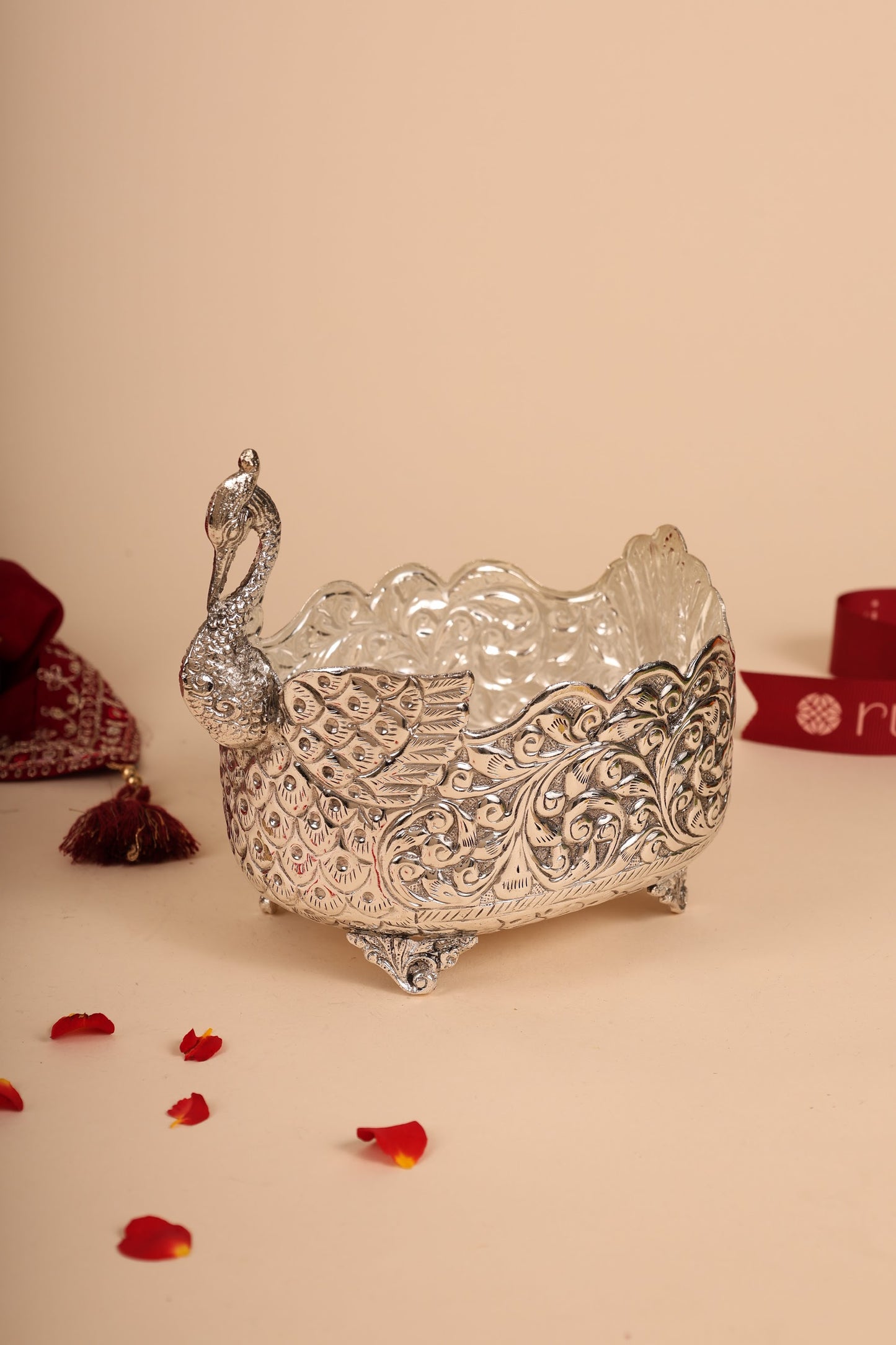 German Silver Peacock Container – Decorative Storage Box for Pooja & Gifting