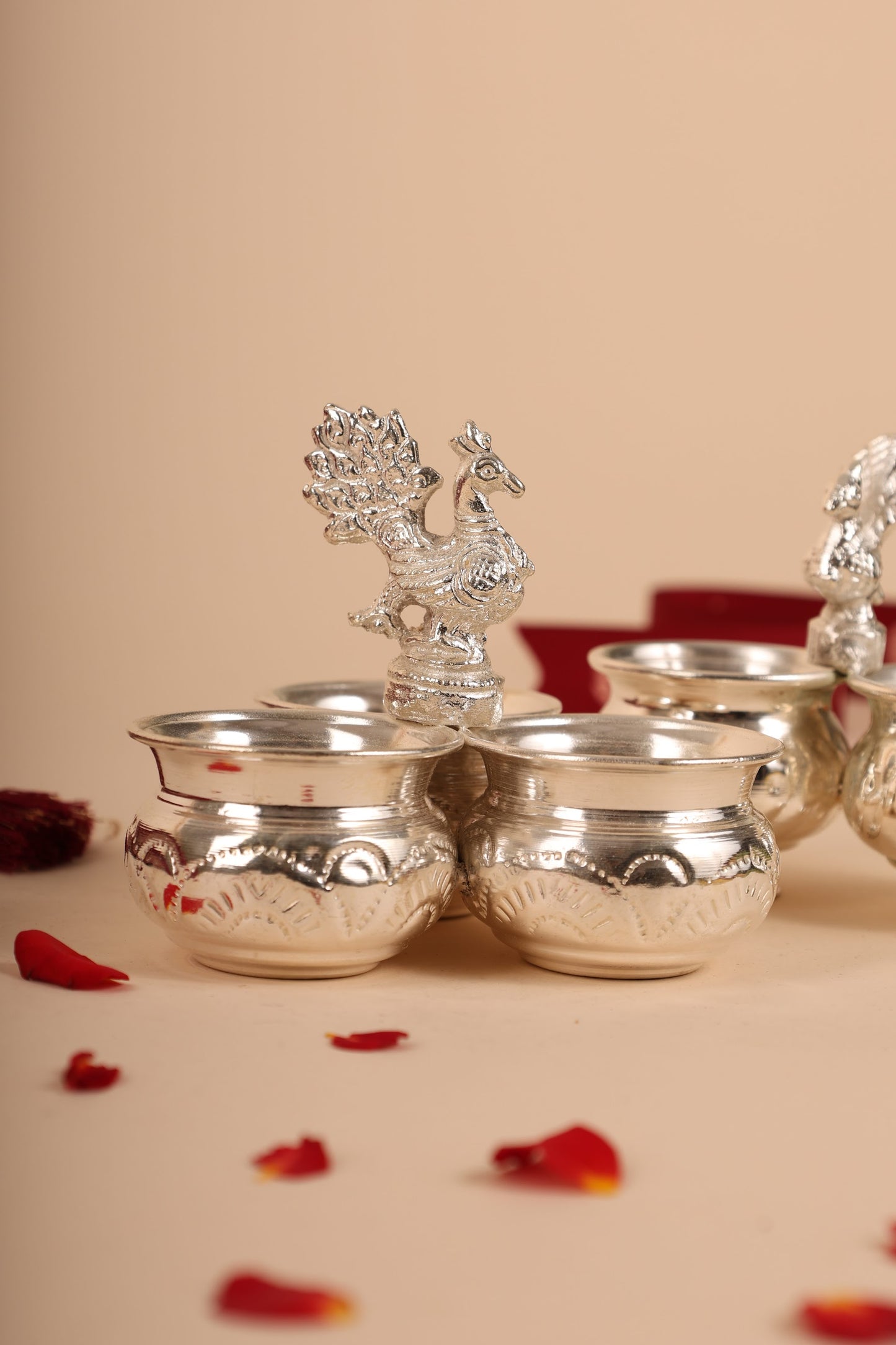 German Silver Peacock Design 3-in-1 Kumkum Bharani – Traditional Pooja Box for Haldi, Kumkum & Chandan