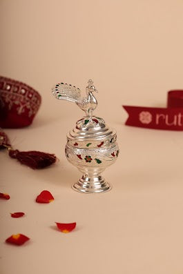 German Silver Peacock Kumkum Box – Traditional Kumkuma Bharani for Pooja & Gifting