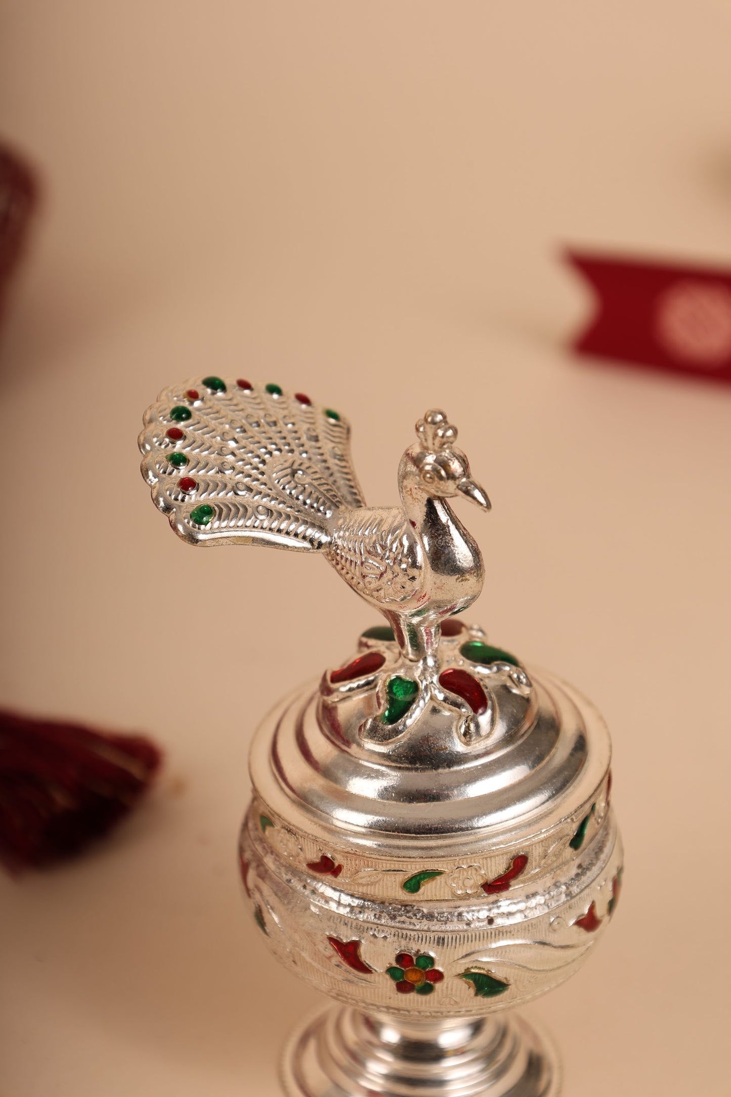 German Silver Peacock Kumkum Box – Traditional Kumkuma Bharani for Pooja & Gifting