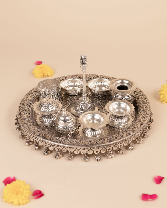 German Silver Pooja Thali with Colorful Tassels – A Perfect Blend of Tradition & Elegance