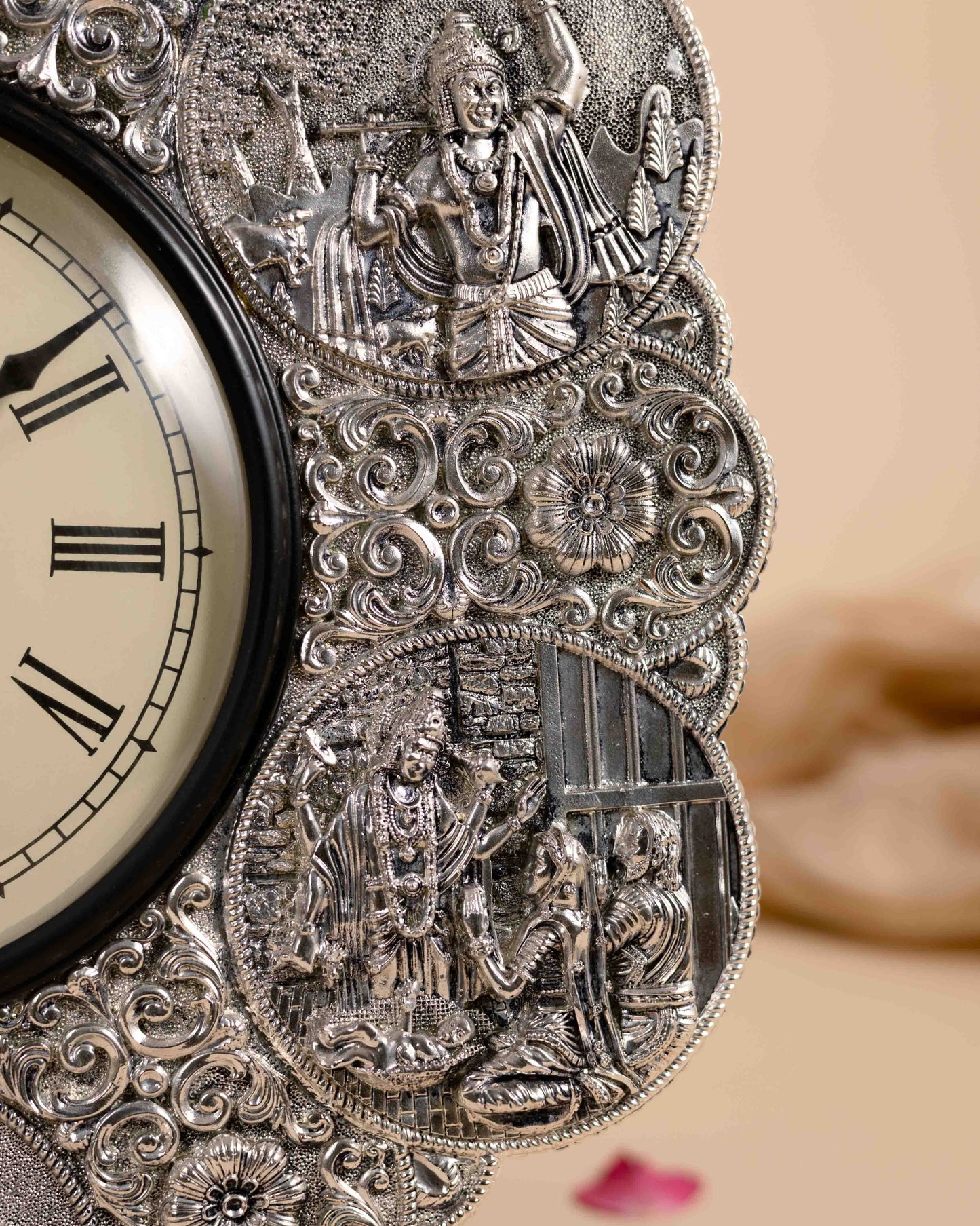 Premium Pure Silver Wall Clock Floral Engraving