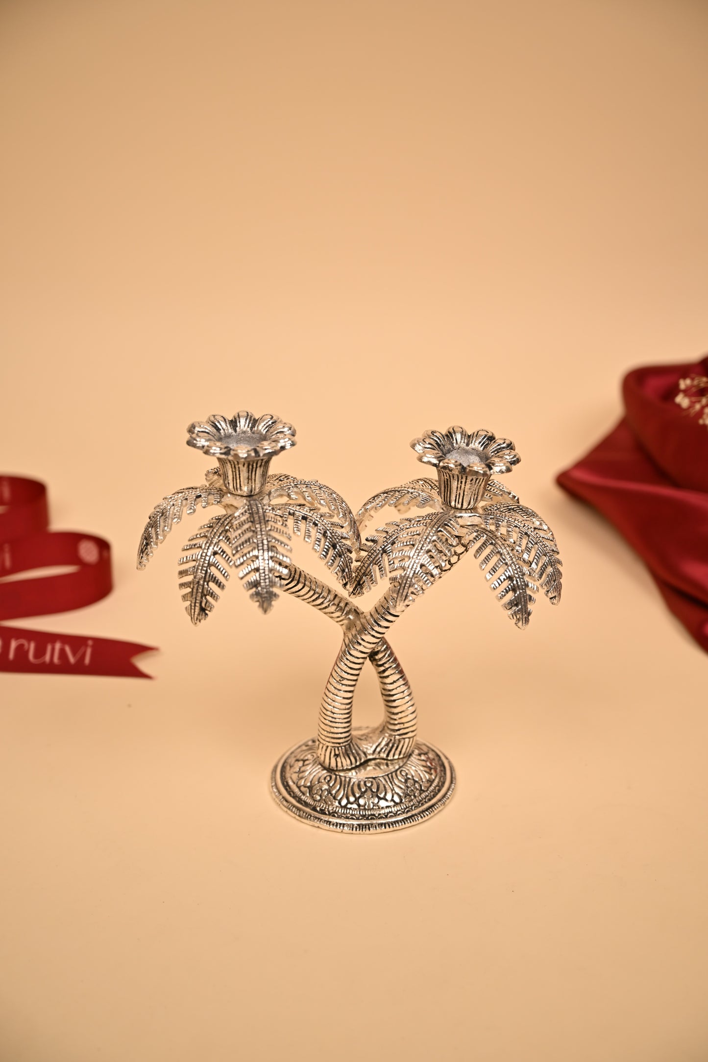 German Silver Twin Palm Tree Diya Stand – Handcrafted Sacred Oil Lamp for Pooja & Temple Decor