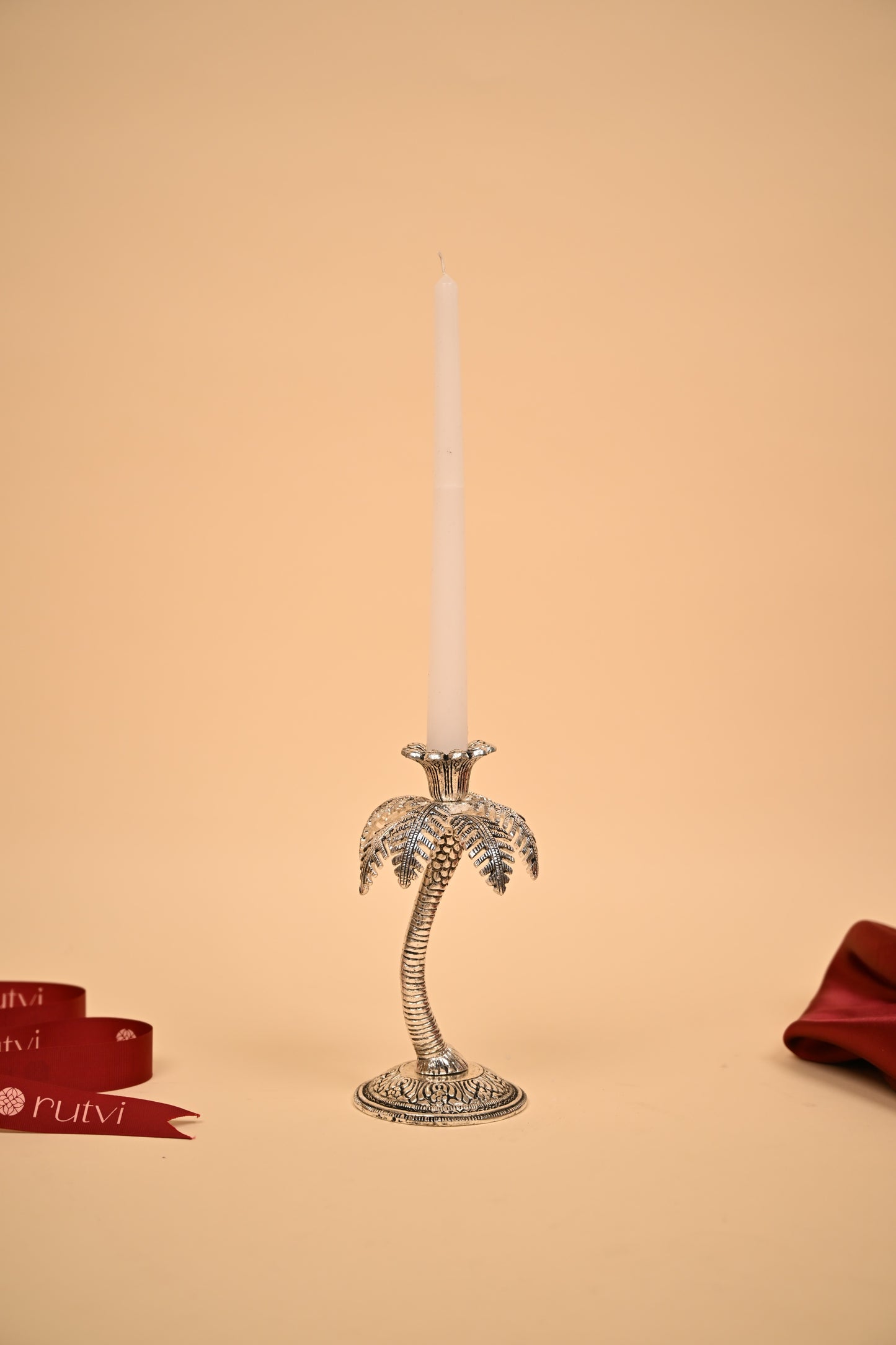 German Silver Palm Tree Candle Stand – Handcrafted Decorative Taper Candle Holder for Home & Festive Decor