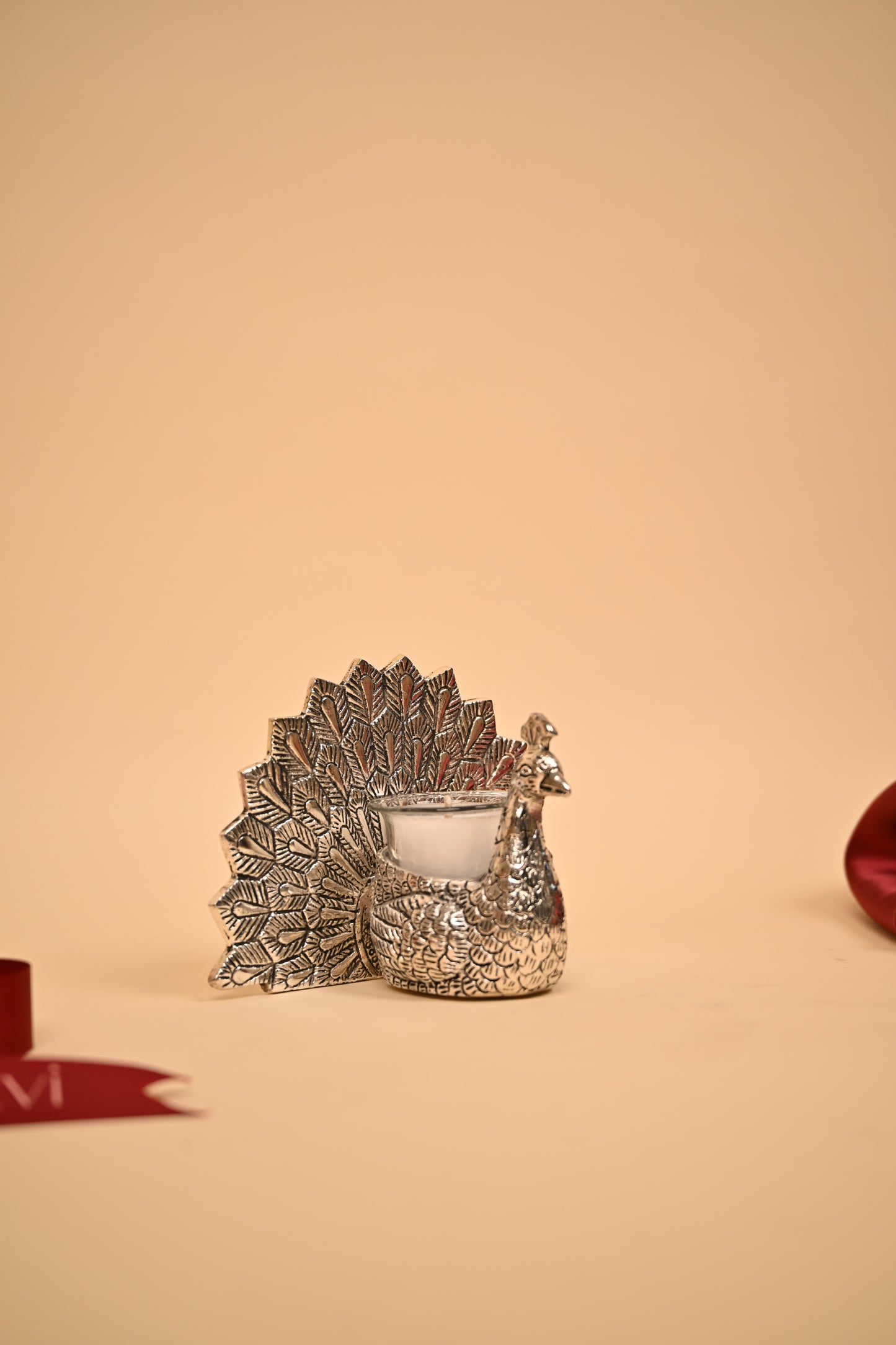 German Silver Peacock Tealight Candle Holder with Feather Backdrop – Handcrafted Decorative Candle Stand