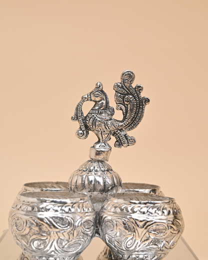 Handcrafted German Silver Choumukh Haldi Kumkum 4 Bowl Patra