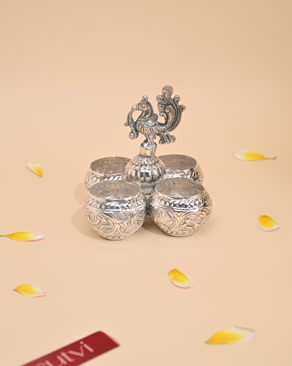 Handcrafted German Silver Choumukh Haldi Kumkum 4 Bowl Patra