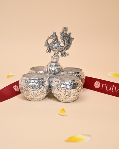 Handcrafted German Silver Choumukh Haldi Kumkum 4 Bowl Patra