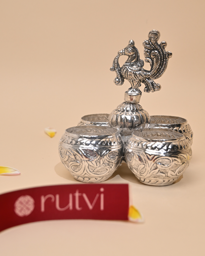 Handcrafted German Silver Choumukh Haldi Kumkum 4 Bowl Patra